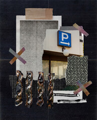 Abstract digital paper asset collage combining photography and textured paper elements. The composition features layered torn paper, geometric patterns, hand-painted marks