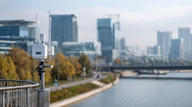 Weather station with antennas on a railing with a blurred cityscape and river in the background - Powered by Adobe