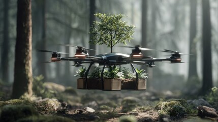 Obraz premium Drone transporting a tree and plants through a misty forest environment