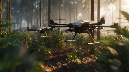 Drones fly over dense green foliage and trees in a forest setting Flying