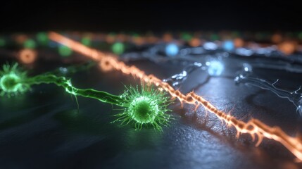 Microscopic view of interconnected neurons with glowing synapses transmitting signals across a neural network