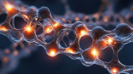 Close up of glowing neurons with electrical impulses transmitted between them on a dark background