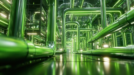 Fototapeta premium Complex network of shiny green pipes with neon lighting in an industrial facility