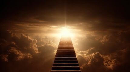 A stairway is shown reaching upward into glowing skies, evoking peace and transcendence.