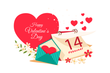 Whimsical illustration for Valentine's Day featuring a large red heart, a calendar showing February 14th, a love letter envelope with a heart, and delicate flowers.