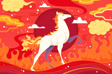 Stylized illustration of a white horse, representing the Chinese zodiac, with a fiery mane and tail, set against a dramatic red background with clouds and flames, symbolizing power and energy. © ArtVibe