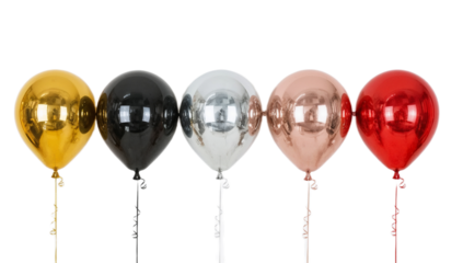 A vibrant collection of five helium-filled balloons in striking colors gold, black, silver, rose gold, and red, suspended against a clean white background