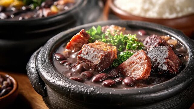 Traditional Brazilian Feijoada black bean stew with pork and sausage served in a clay pot with rice
