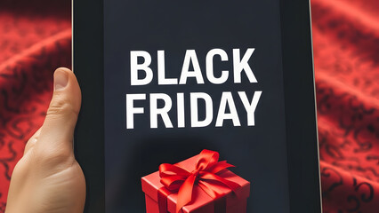 Hand holding tablet displaying black friday announcement with red gift box and red fabric background