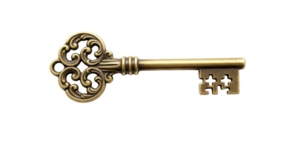Ornate antique brass skeleton key with decorative scrollwork on black background metal