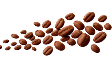 Obraz premium Roasted coffee beans flying and scattering, creating a dynamic motion shot with a transparent background for design elements