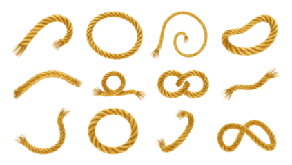 Collection of diverse rope shapes and knots rendered as detailed digital illustrations on a white background, showcasing flexibility and design potential