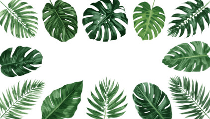 Realistic digital illustration of vibrant tropical leaves, including monstera and palm, forming an exotic botanical frame. Perfect for summer designs and natural themes