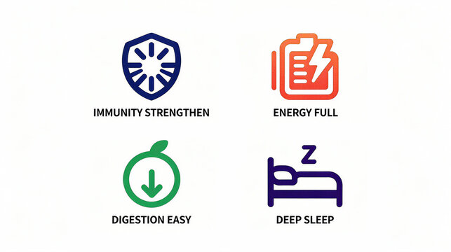 Elements such as immune enhancement and full energy represent the health product characteristics of easy digestion and deep sleep, suitable for health promotional materials.
