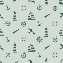 Seamless Nautical Pattern with Lighthouse, Sailboat and Marine Icons