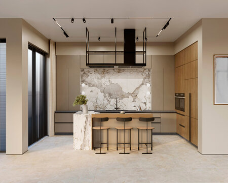 3D rendering of a kitchen interior with a kitchen island, large range hood, and bar stools and a track lighting system.