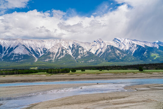 Low water levels  during a drought on the Athabaska River, Alberta, Canada.