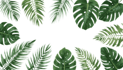 Tropical green leaves arranged in a border on a white background, creating a natural frame