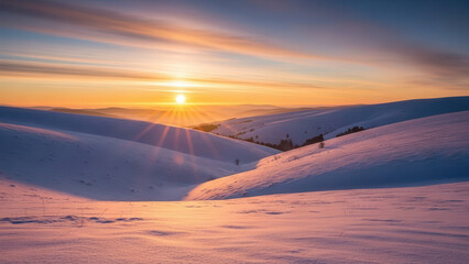 Winter mountain landscape, serene and breathtaking, golden hour sunset with vibrant pastel sky, wide panoramic view of snow-covered hills for nature travel and scenic backgrounds.