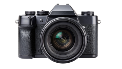 A black digital camera with a lens facing forward on a white background