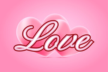 A pair of pink hearts and the word "Love" on a pink gradient background. Vector illustration