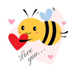 Love you. Romantic composition in the form of a square postcard. Cartoon bee with a heart on a white background. Vector illustration