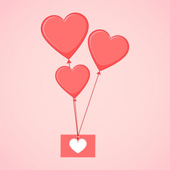 Heart-shaped balloons lift a greeting envelope. Romantic postcard. Vector illustration
