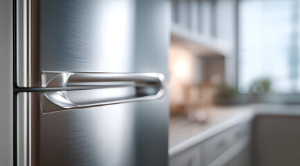 Close-up of a modern refrigerator handle in a bright kitchen, showcasing sleek design and a hint of culinary inspiration.