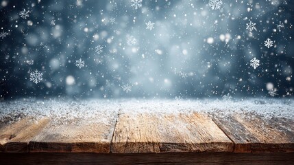 A winter table background is shown featuring snow on wooden planks, softly falling snowflakes, and a wide empty sky.  