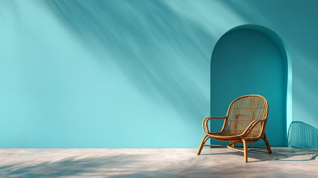 Tropical minimalist interior with rattan chair, palm leaf shadow and turquoise wall with copy space