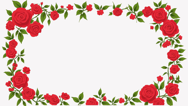 Vector illustration of decorative border featuring frame of red roses, green leaf patterns for floral nature celebration card, invitation, greeting, commercial, holiday design with copy space for text