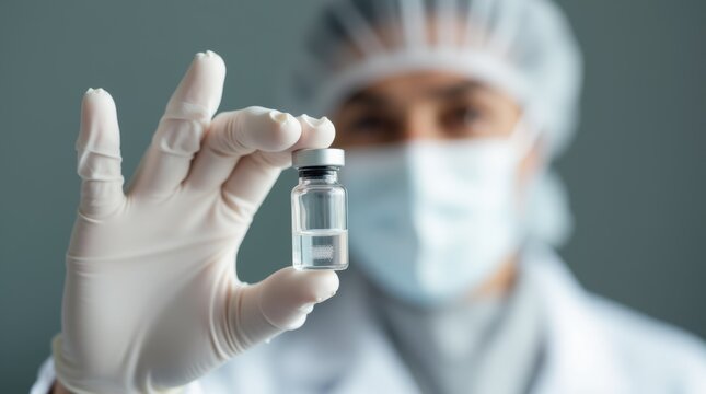 A healthcare professional holds a vial of medicine, showcasing safety and precision in a sterile environment. 
