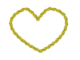 An intricate, hand-drawn heart outline/decorative frame with a textured, braided or twisted rope appearance. The heart is colored in a vibrant mustard yellow or antique gold hue