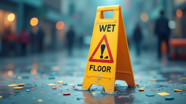 A wet floor sign stands upright on a slick surface, surrounded by scattered objects, cautioning of a hazardous area prone to accidents and mishaps. 
