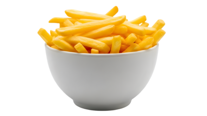 Golden french fries in a white cup isolated on transparent background