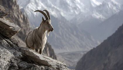 A solitary mountain goat stands firm on a snowy cliff framed by jagged peaks and alpine silence