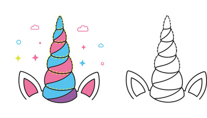 Cute unicorn horn and ears vector illustration set containing colored version and black and white outline for coloring book isolated on white background © SHOHAG