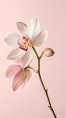 Naklejka premium Single orchid flower isolated, pale soft pink background, soft natural light, minimal elegant composition, subtle highlights on petals, dreamy luxurious aesthetic, ultra HD, no text, no watermark, no 