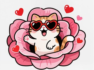 A whimsical cartoon cat wearing heart-shaped sunglasses lounges among layered pink and red flower petals, radiating cheer. Bright, love‑themed imagery suitable for Valentine’s Day, family and friends.