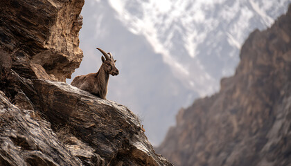 A solitary mountain goat stands firm on a snowy cliff framed by jagged peaks and alpine silence