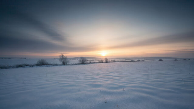Serene Winter Snow Field with Soft Golden Hour Light and Textured Snow in a Wide Landscape Format for Nature Photography.
