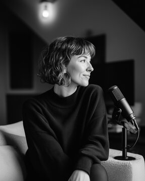 female podcaster portrait in studio, professional black and white podcast host, modern interview microphone portrait
