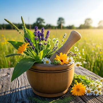 Freshly gathered medicinal herbs and flowers fill a wooden grinding tool outdoors on a sunny day.