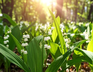 Obraz premium Lush photo of forest floor blooming with delicate white bell-shaped flowers and bright sunlight shining through the trees
