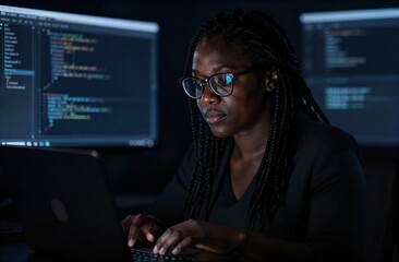 Black programmer working on laptop coding late at night