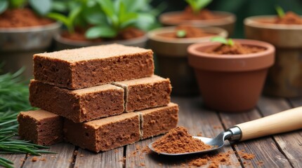 Dry coconut fibre substrate made eco-friendly and cheap from coco coir bricks, ready to use as grow or potting soil, with a trowel and empty pots. 
