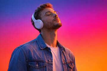 Man wearing headphones and glasses enjoying music in neon light