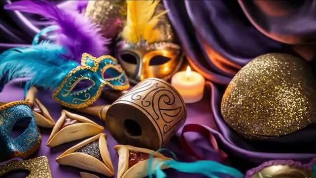 Festive Purim masks, Hamantaschen cookies, and grogger with warm candle glow on rich purple fabric for cultural holiday celebration concept