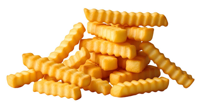 Pile of crinkle cut french fries isolated on transparent background