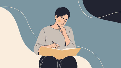 Young woman studying with a thoughtful expression in a modern abstract setting